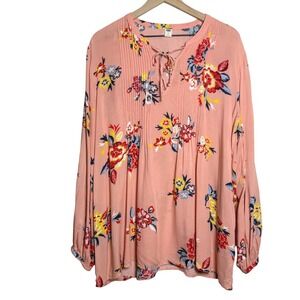 Old Navy Womens Blouse XL Pink Floral Pleated‎ Balloon Sleeve Prairiecore Boho
